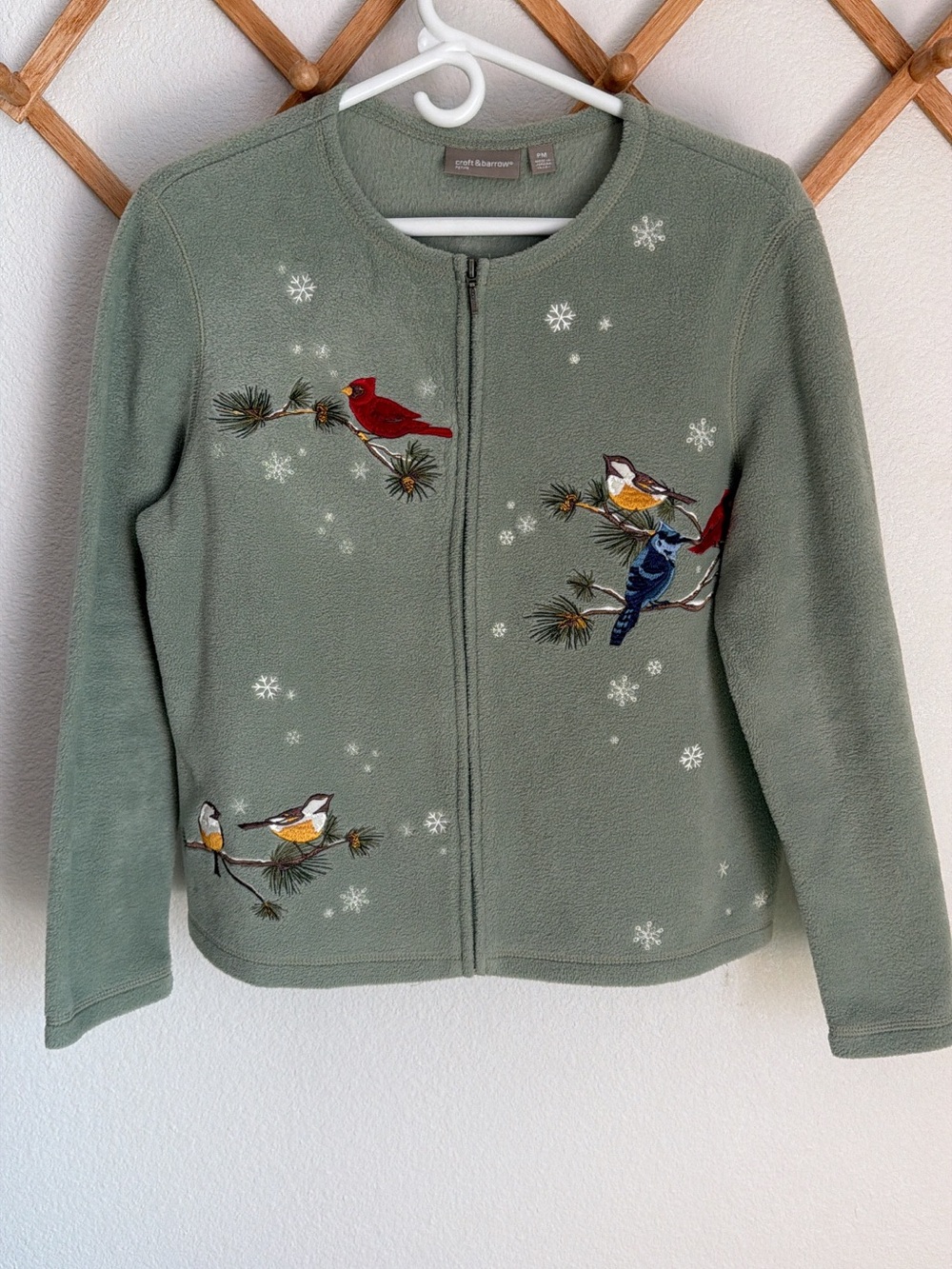 Croft & Barrow Sage Green Fleece Granny Zip Jacket with Embroidered Winter Birds